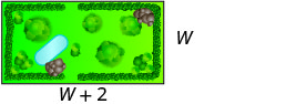 An overhead view of a rectangular park or garden with green grass, several trees, two brown rock formations, and an oval blue pond. The dimensions are labeled 'W' for width and 'W + 2' for length.
